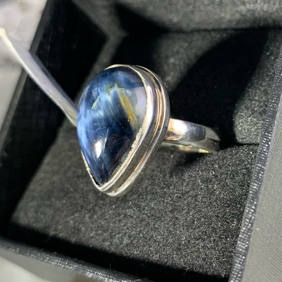 VINTAGE STERLING SILVER RARE BLUE PIETERSITE TEARDROP RING SIZE 9 - Picture 4 of 4